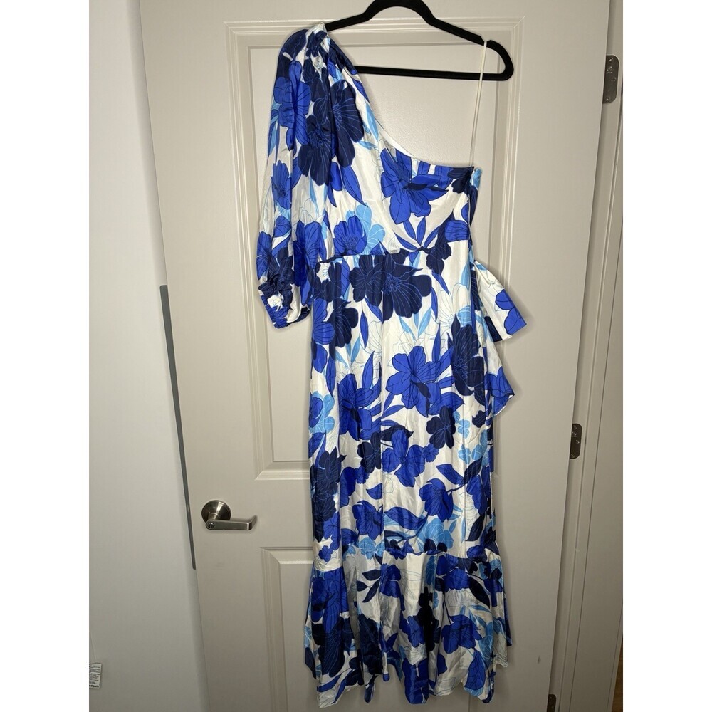 J Crew Collection NWT One Shoulder Ruffle Hem Dress in Painted Floral Blue 10 - Picture 10 of 11